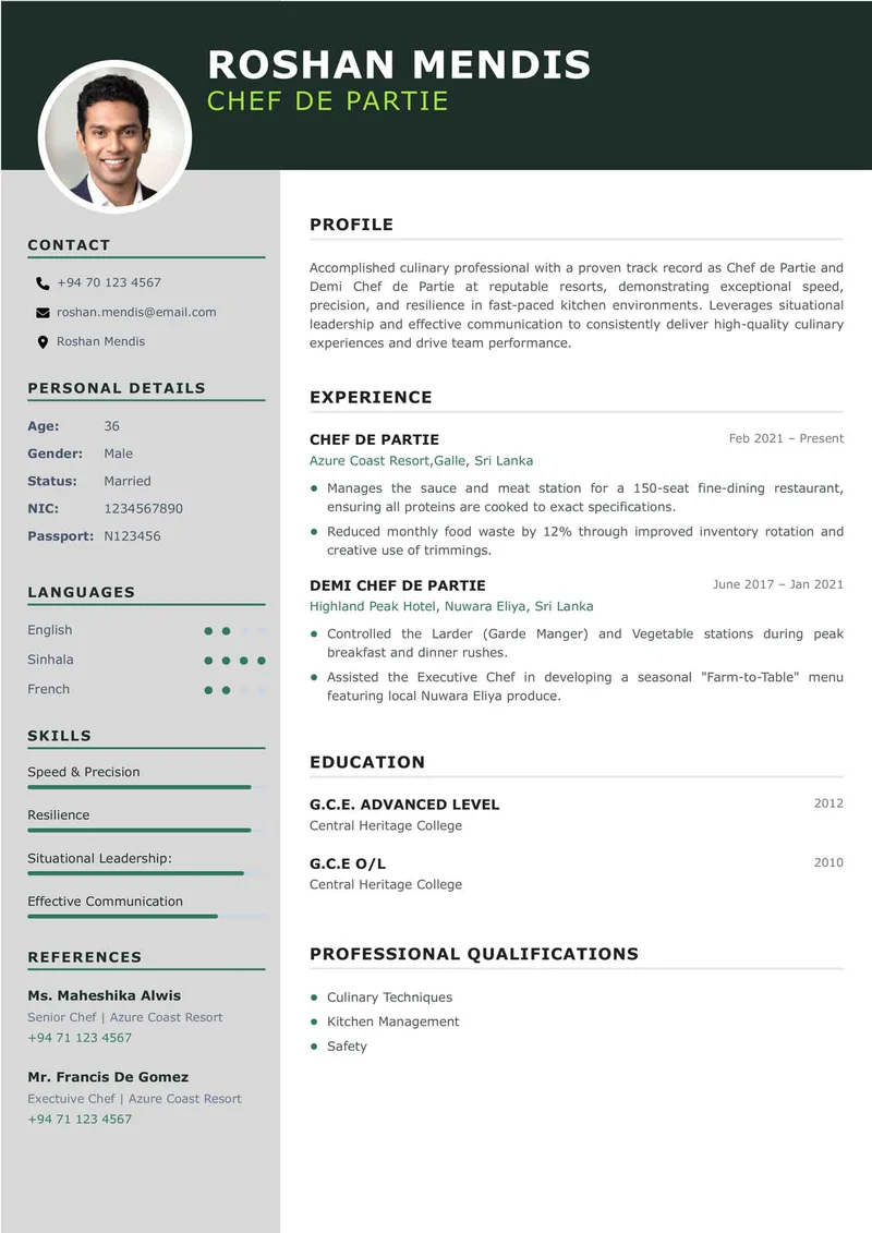 Professional CV Template - cv-modern-green Format for Sri Lankan Job Applications